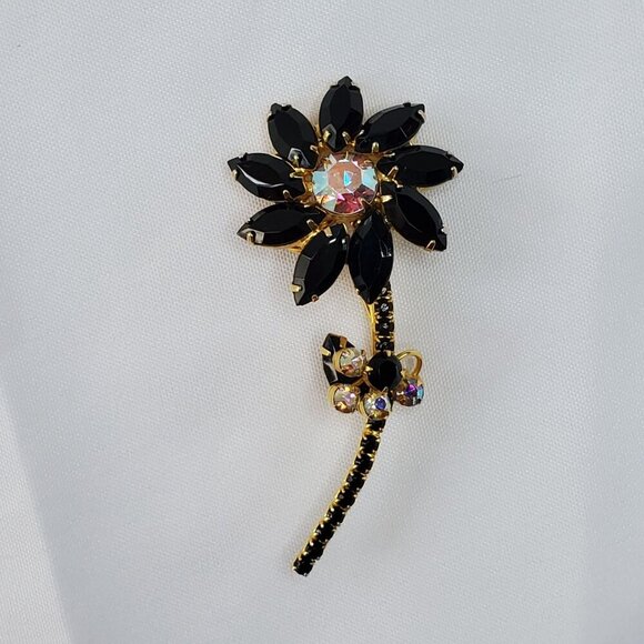 Juliana D&E Brooch Jet Black AB Flower Vintage Delizza Elster Designer Jewelry - Picture 16 of 16